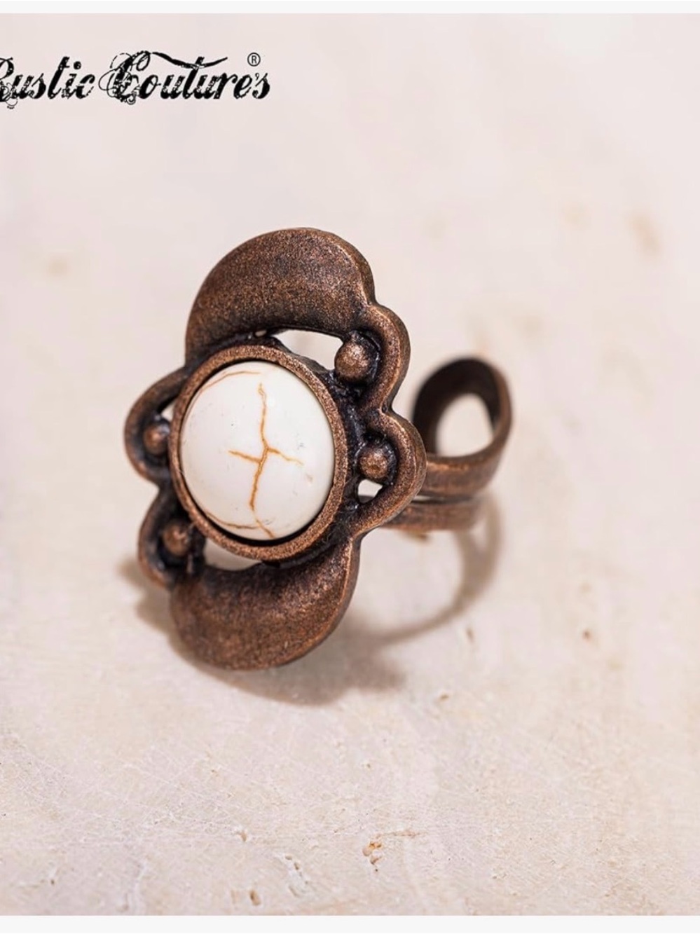Bronze Floral Ring with White Marbled Stone